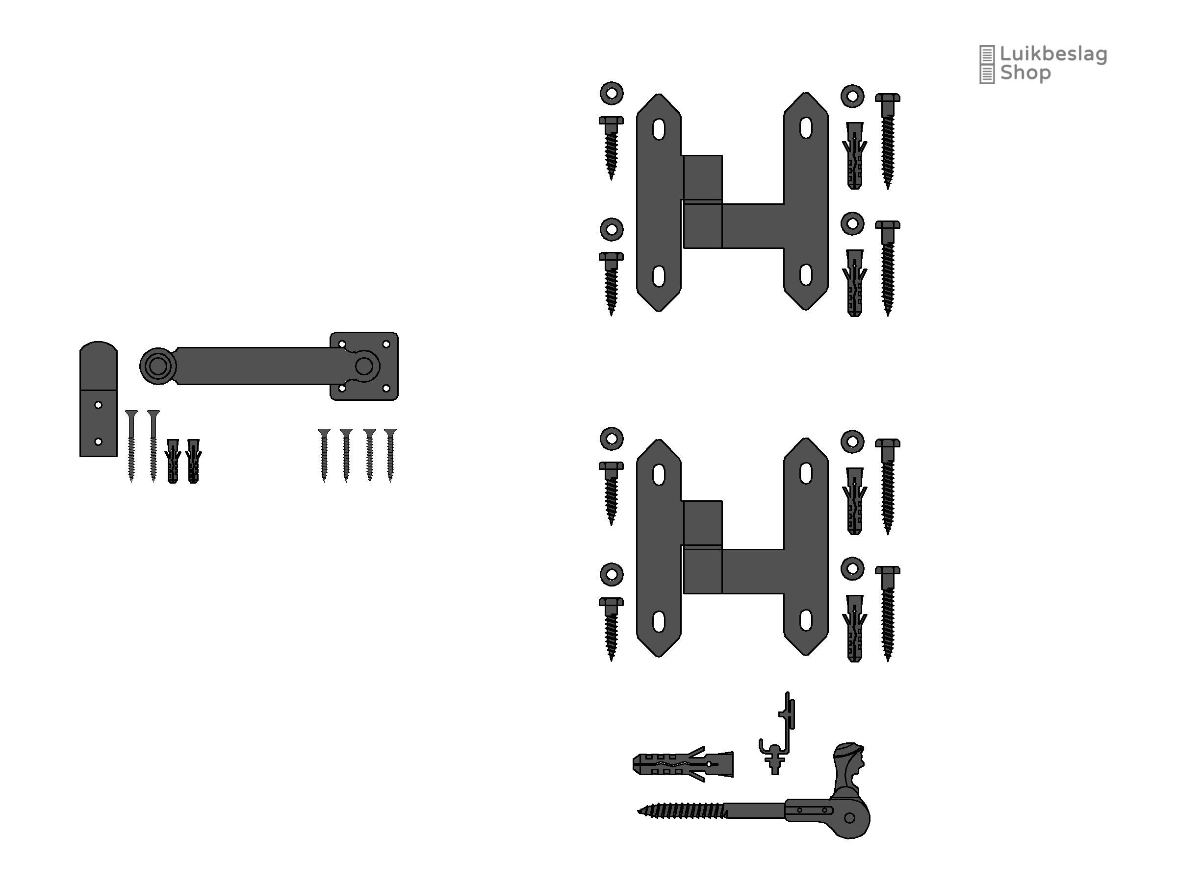 Set traditioneel luikbeslag enkel luik T heng rechtsdraaiend