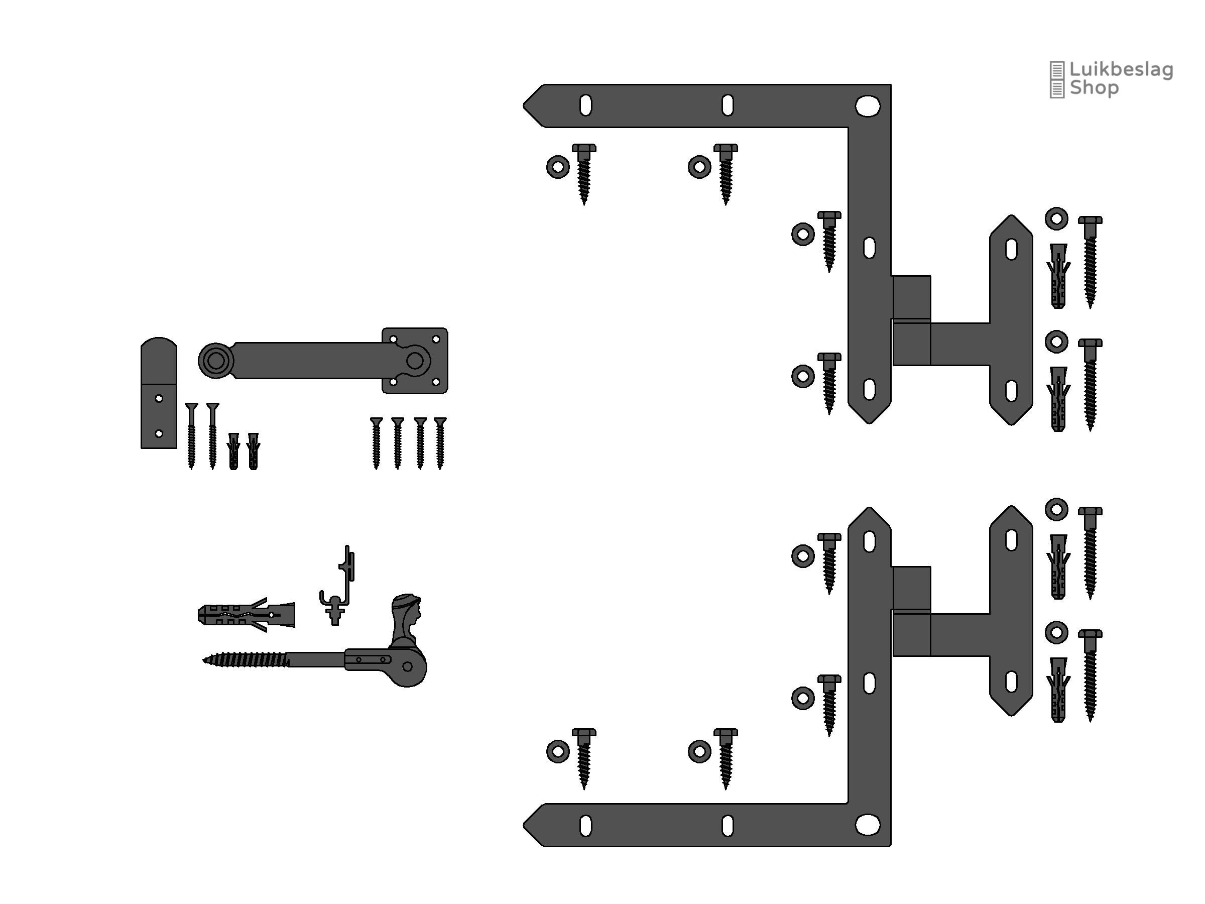Set traditioneel luikbeslag enkel luik hoekheng rechtsdraaiend.