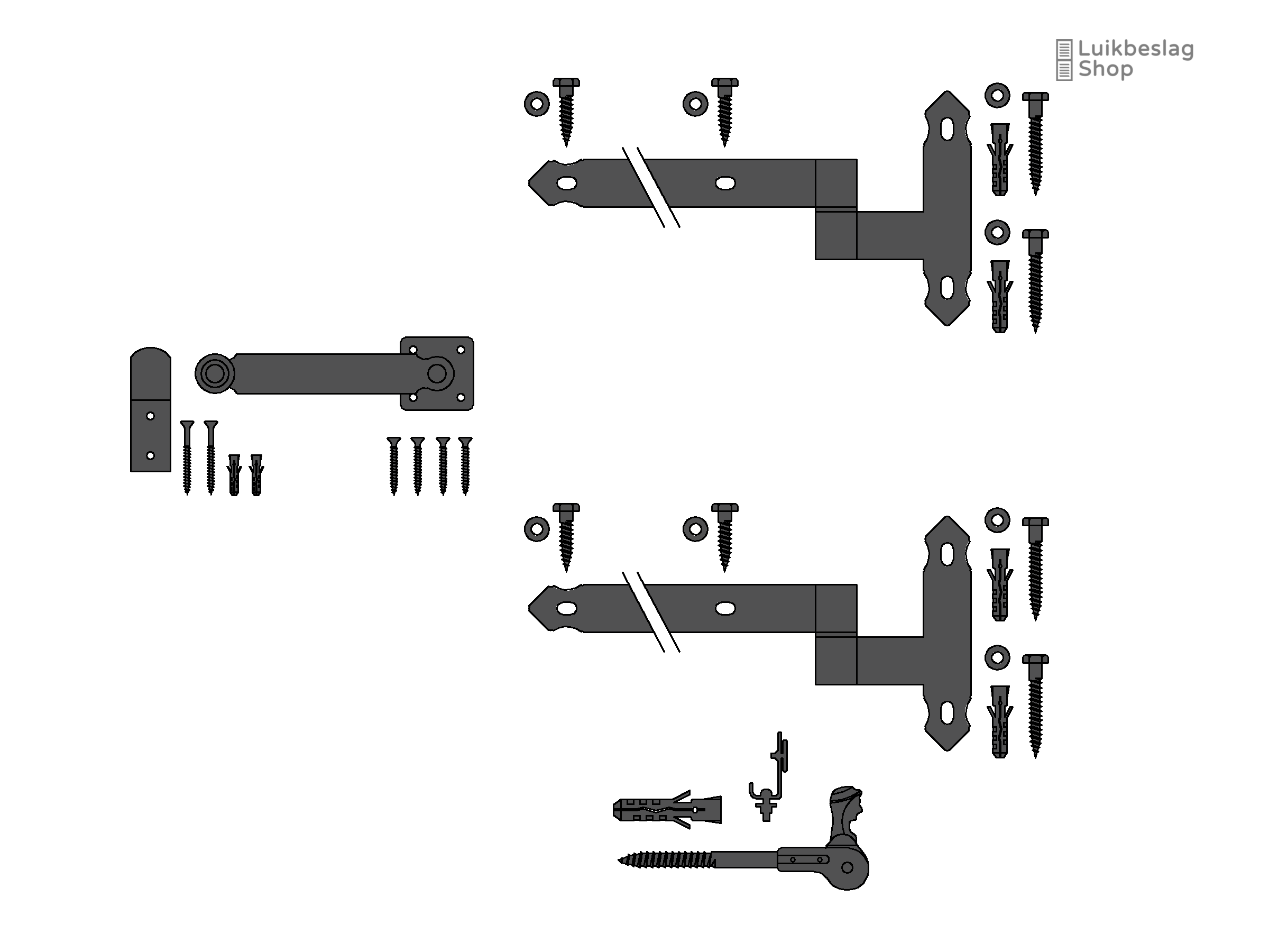 Set Oudhollands luikbeslag enkel luik staartheng rechtsdraaiend.